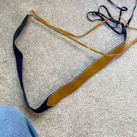 Vintage 70s Country Set Yellow and Navy Hippie Fringe Belt - One Size - Picture 6 of 10
